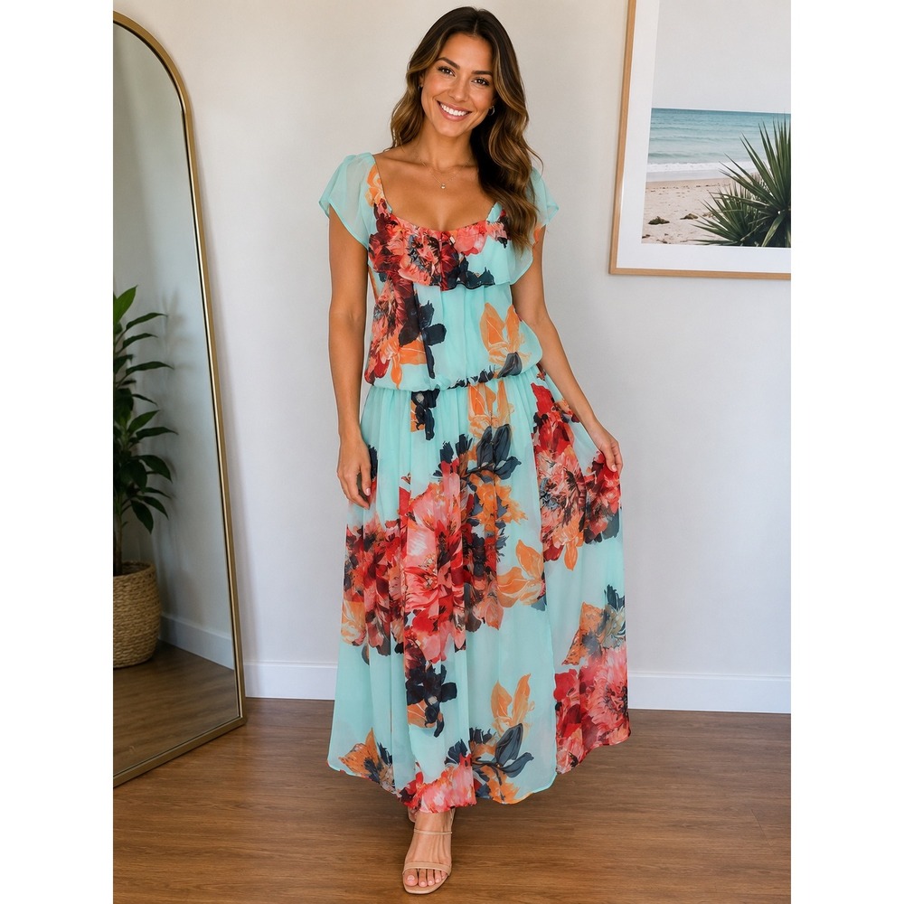 Bisou Bisou Floral Maxi Dress Size 12 Aqua Watercolor Chiffon Sundress
